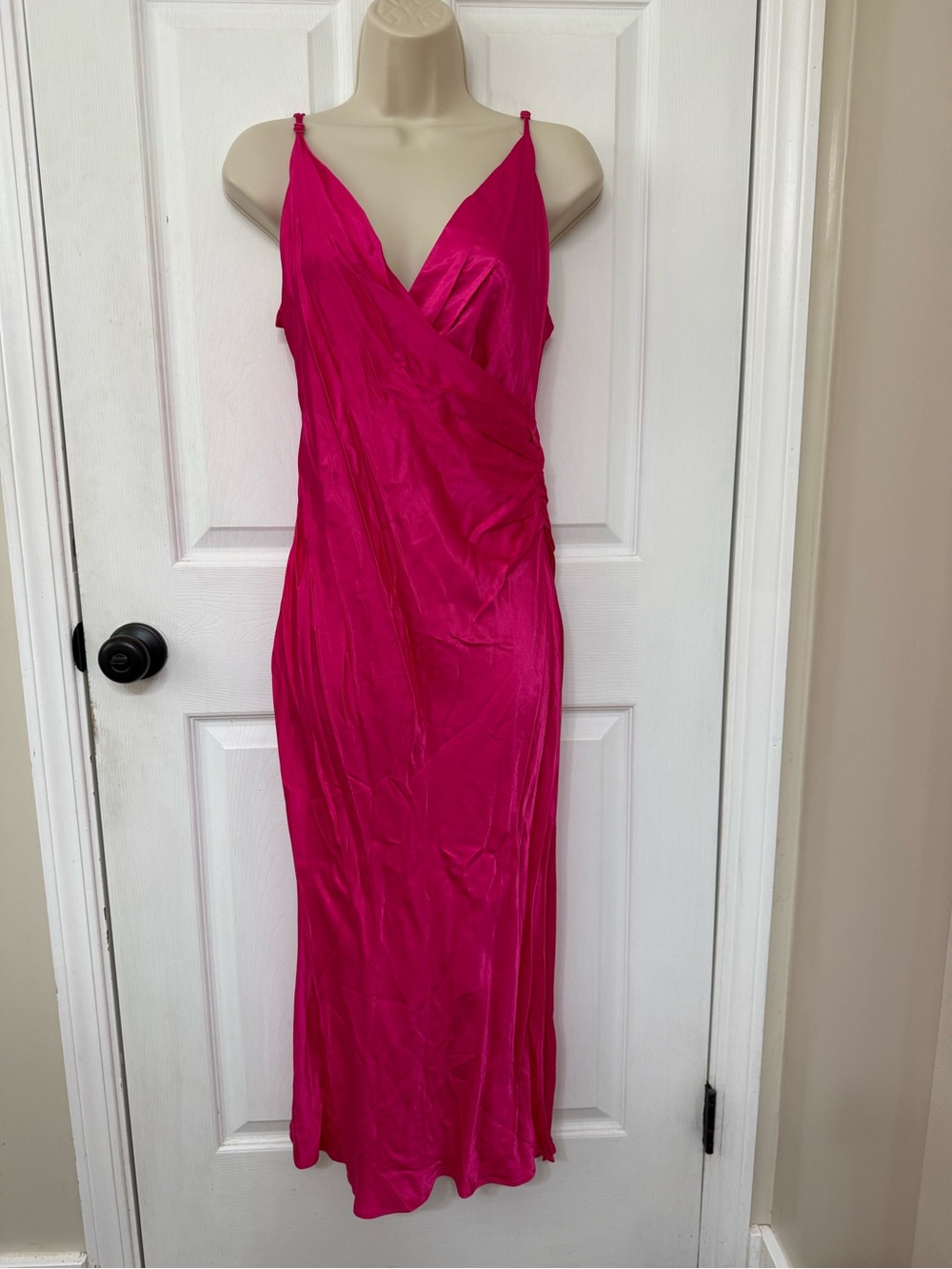 NWT Zara Fuchsia Satin Wrap Maxi Slip Dress Ruched Side Medium - Picture 2 of 13
